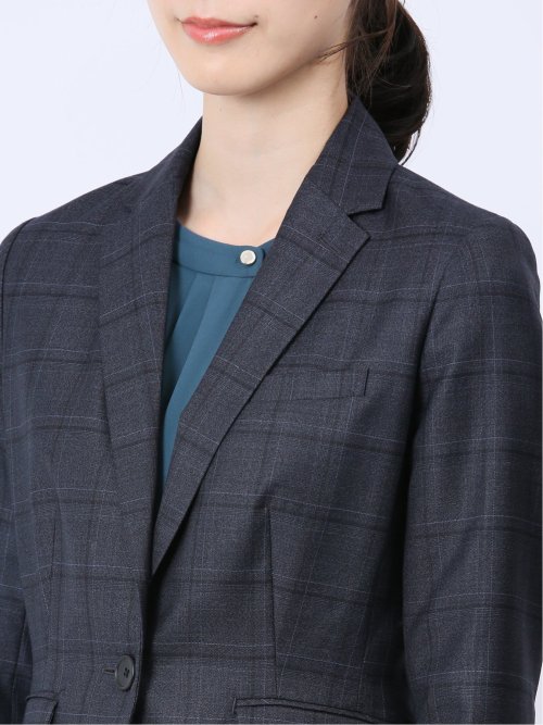 ウール混チェック柄 1ボタンジャケット 紺(セットアップ可能)