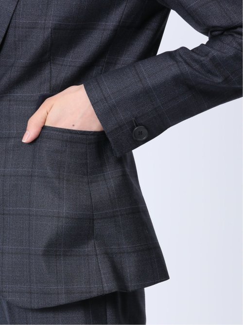 ウール混チェック柄 1ボタンジャケット 紺(セットアップ可能)