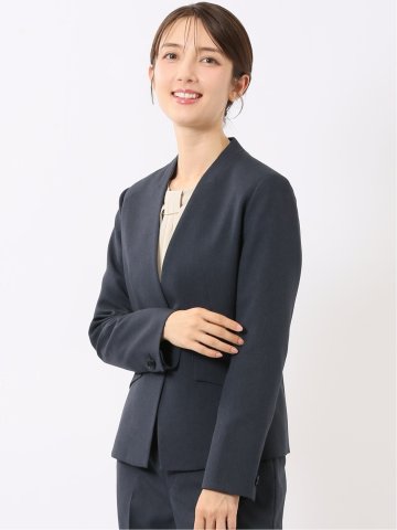 ジャケット レディース ビジネス セットアップ可能 ストレッチ ウォッシャブル 1ボタン カラーレス 紺