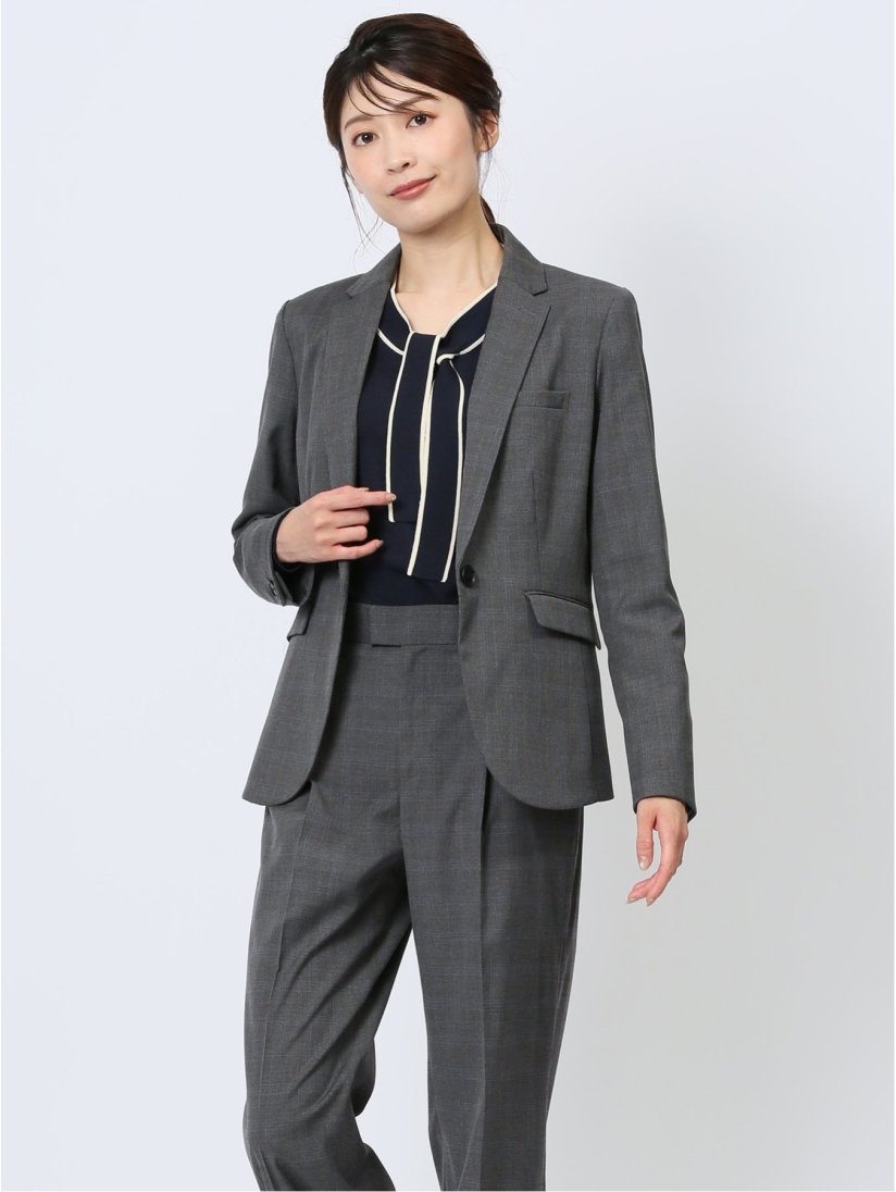 DELEGANT チェック柄 1ボタンジャケット グレー(セットアップ可能)(S 