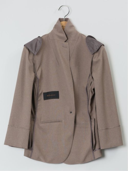 綿麻ライク 1ボタン7分袖ジャケット 茶(セットアップ可能)