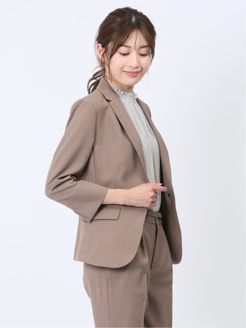 綿麻ライク 1ボタン7分袖ジャケット 茶(セットアップ可能)(S 30