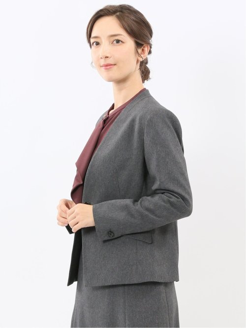 ストレッチウォッシャブル ウール調 ノーカラージャケット グレー(セットアップ可能)