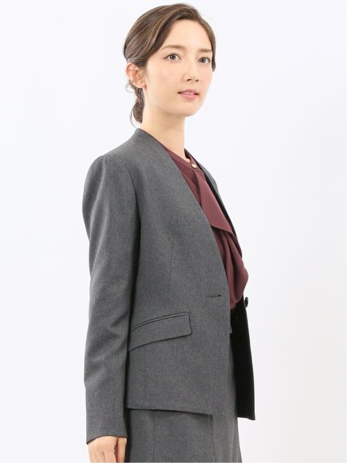 ストレッチウォッシャブル ウール調 ノーカラージャケット グレー(セットアップ可能)