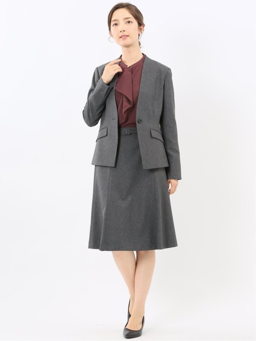 ストレッチウォッシャブル ウール調 ノーカラージャケット グレー(セットアップ可能)