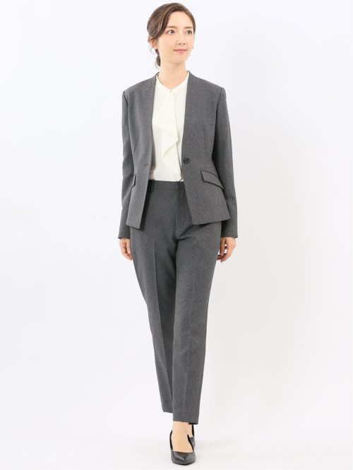 ストレッチウォッシャブル ウール調 ノーカラージャケット グレー