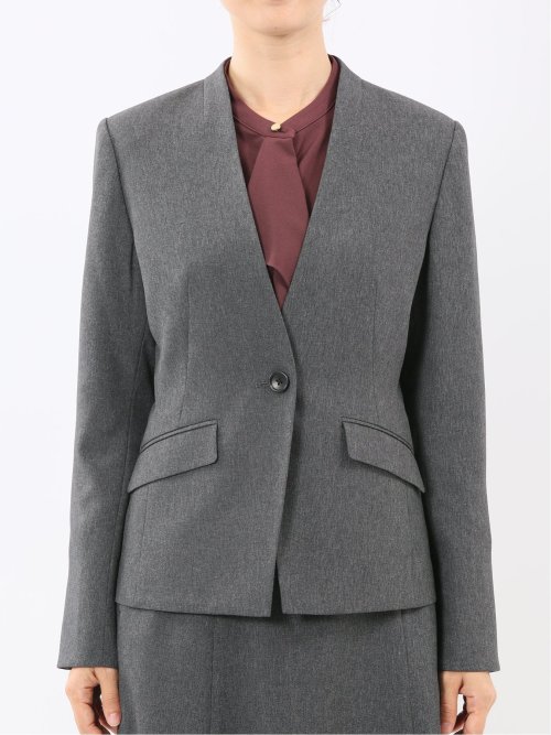 ストレッチウォッシャブル ウール調 ノーカラージャケット グレー(セットアップ可能)