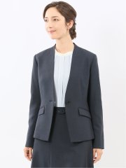 ストレッチウォッシャブル ウール調 ノーカラージャケット 紺(セットアップ可能)