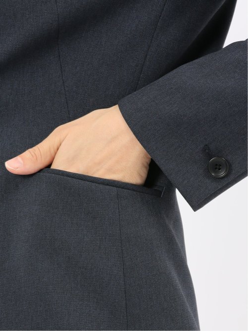 ストレッチウォッシャブル ウール調 ノーカラージャケット 紺(セットアップ可能)