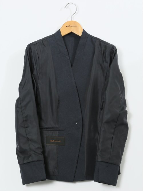 ストレッチウォッシャブル ウール調 ノーカラージャケット 紺(セットアップ可能)