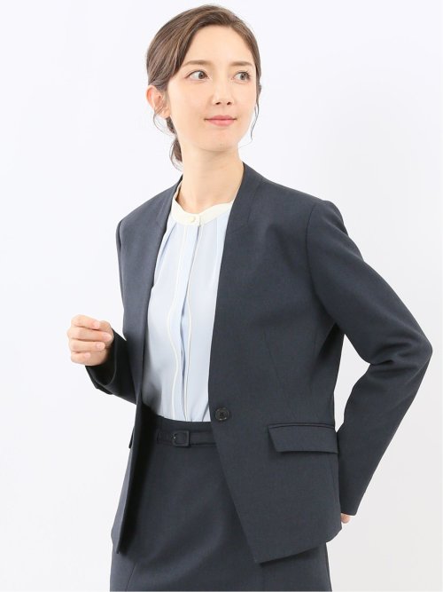 ストレッチウォッシャブル ウール調 ノーカラージャケット 紺(セットアップ可能)