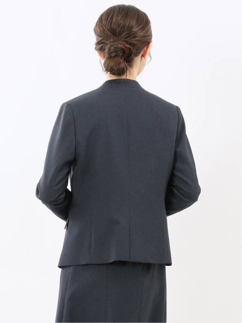 ストレッチウォッシャブル ウール調 ノーカラージャケット 紺(セットアップ可能)