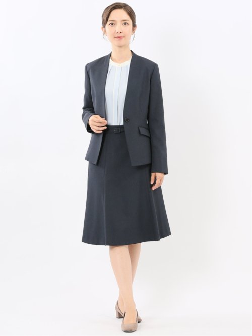 ストレッチウォッシャブル ウール調 ノーカラージャケット 紺(セットアップ可能)