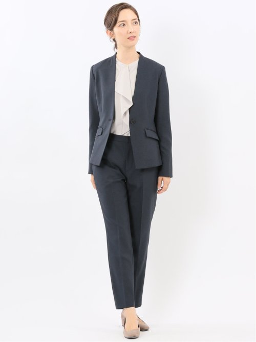 ストレッチウォッシャブル ウール調 ノーカラージャケット 紺(セットアップ可能)