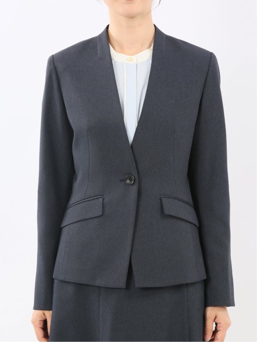 ストレッチウォッシャブル ウール調 ノーカラージャケット 紺(セットアップ可能)