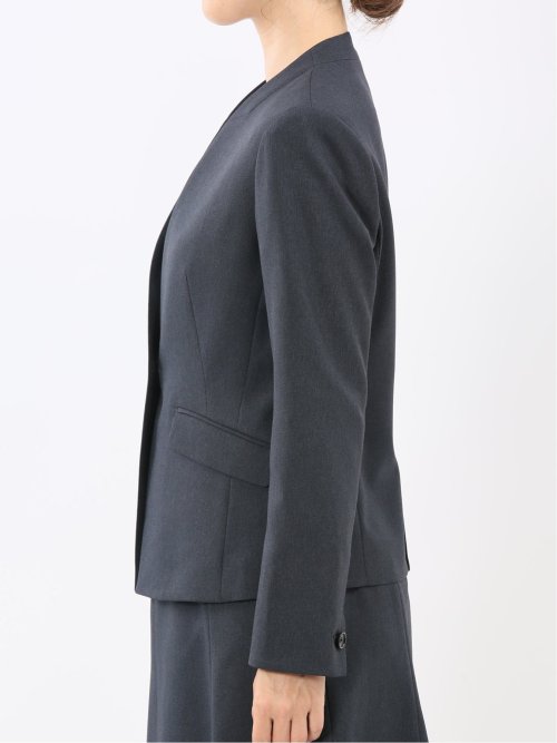 ストレッチウォッシャブル ウール調 ノーカラージャケット 紺(セットアップ可能)