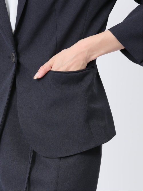 綿麻ライク 1ボタン7分袖ジャケット 紺(セットアップ可能)