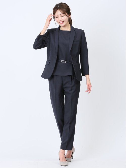 綿麻ライク 1ボタン7分袖ジャケット 紺(セットアップ可能)