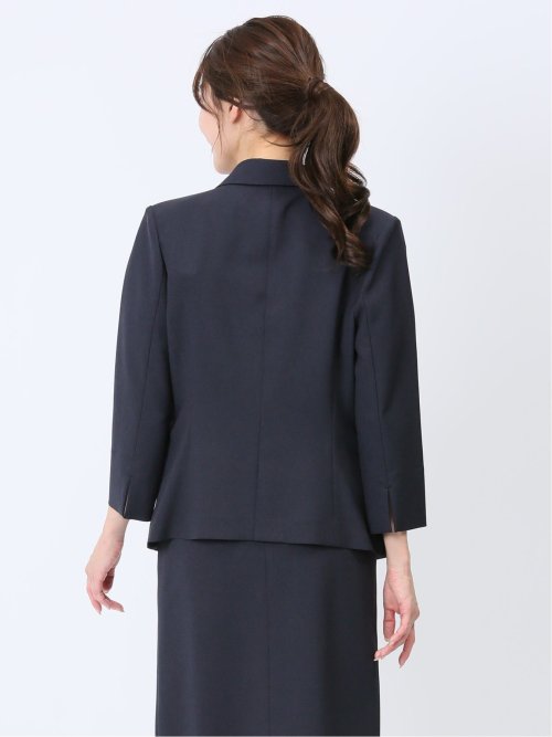 綿麻ライク 1ボタン7分袖ジャケット 紺(セットアップ可能)