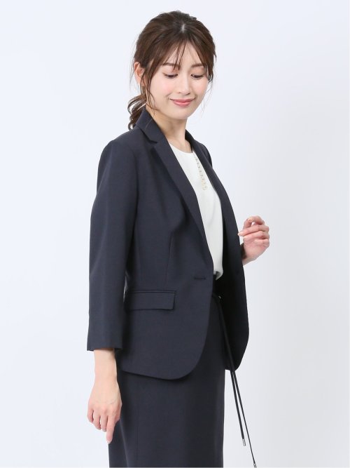 綿麻ライク 1ボタン7分袖ジャケット 紺(セットアップ可能)
