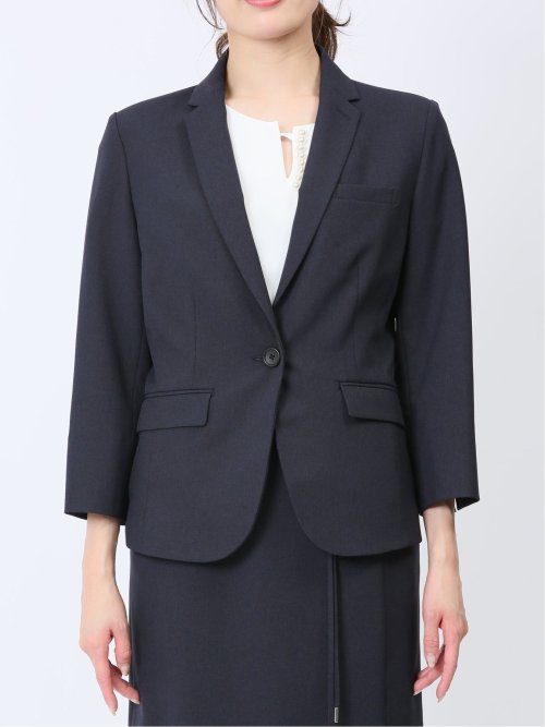 綿麻ライク 1ボタン7分袖ジャケット 紺(セットアップ可能)