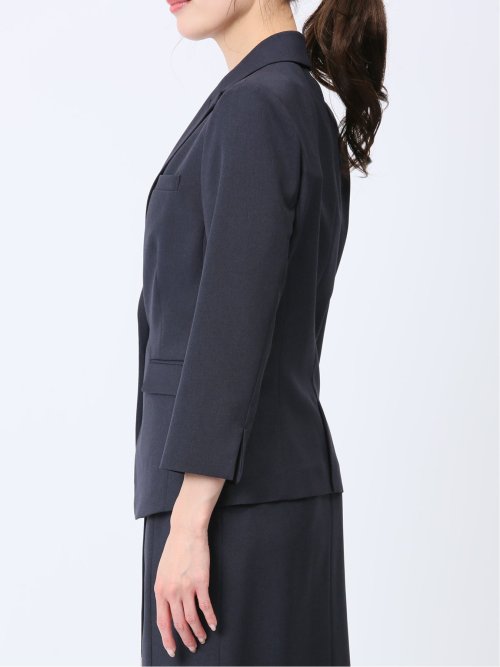 綿麻ライク 1ボタン7分袖ジャケット 紺(セットアップ可能)