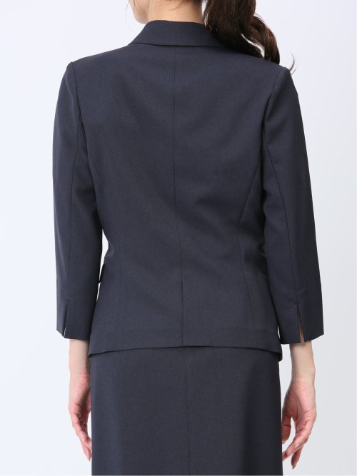 綿麻ライク 1ボタン7分袖ジャケット 紺(セットアップ可能)