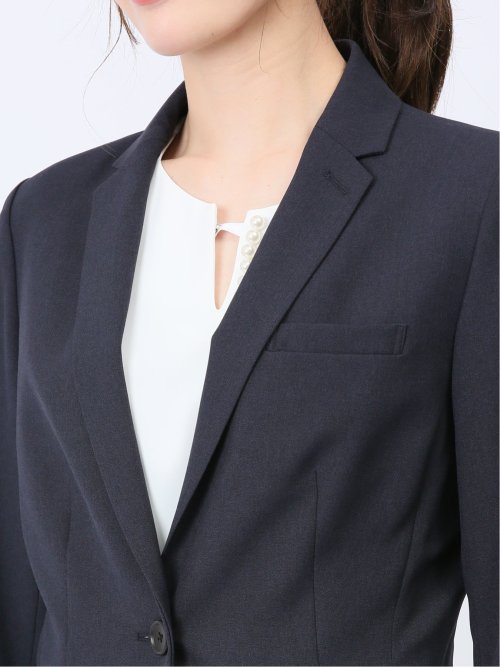 綿麻ライク 1ボタン7分袖ジャケット 紺(セットアップ可能)