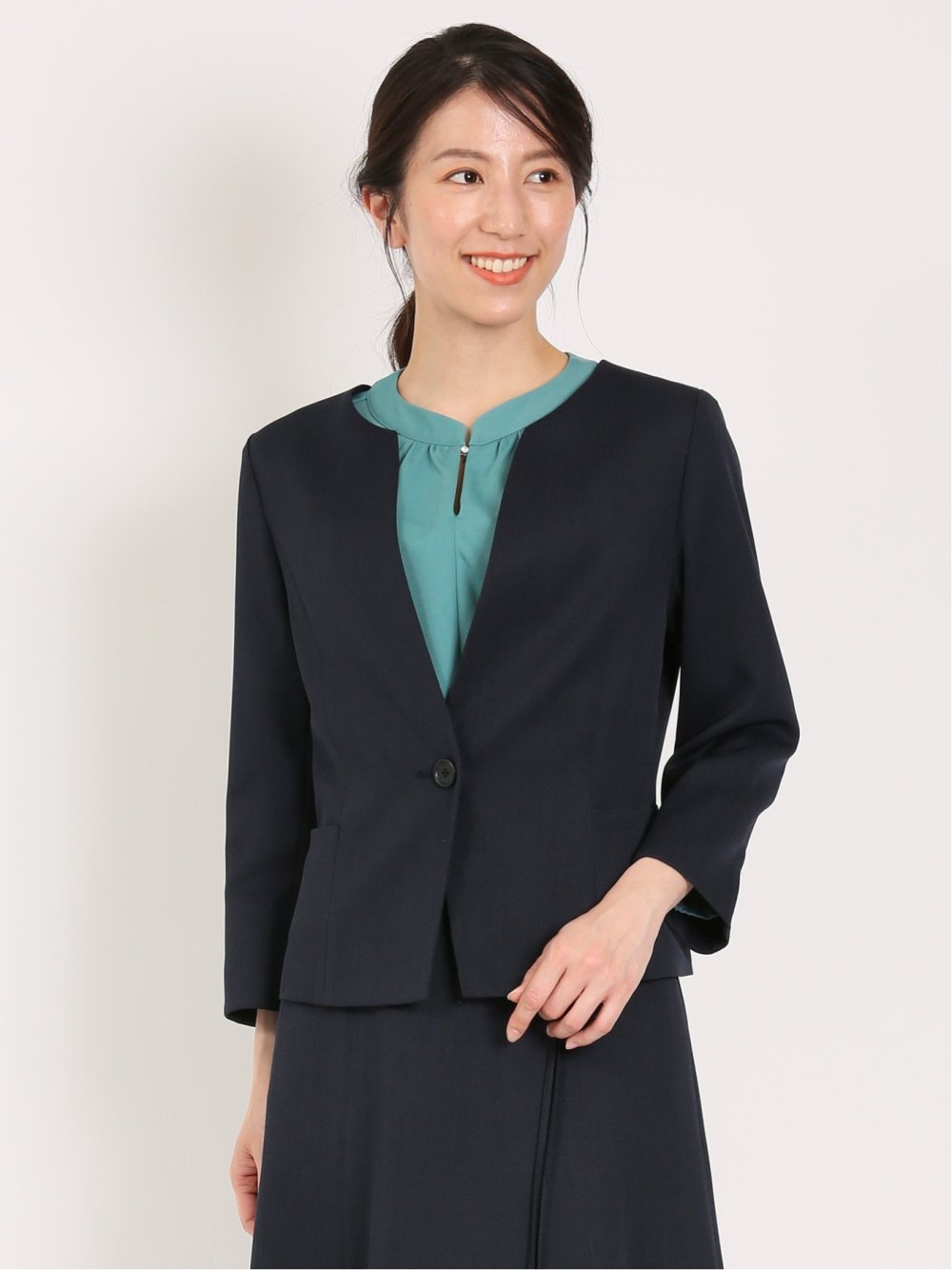 麻調合繊 キーネック7分袖ジャケット 紺(セットアップ可能)
