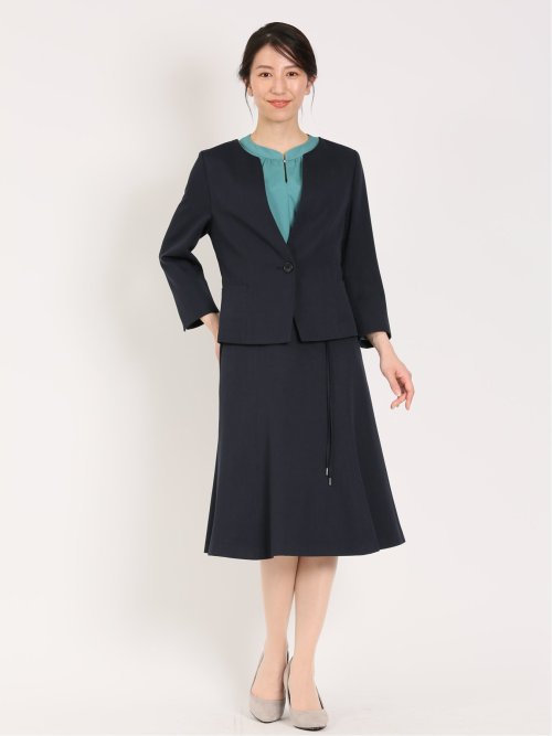 麻調合繊 キーネック7分袖ジャケット 紺(セットアップ可能)