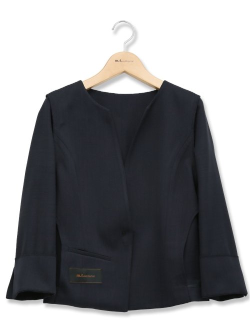 麻調合繊 キーネック7分袖ジャケット 紺(セットアップ可能)