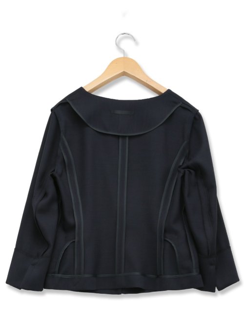 麻調合繊 キーネック7分袖ジャケット 紺(セットアップ可能)