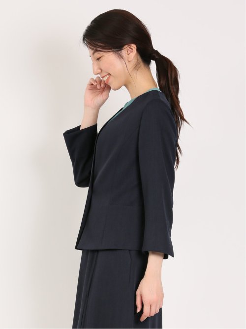 麻調合繊 キーネック7分袖ジャケット 紺(セットアップ可能)