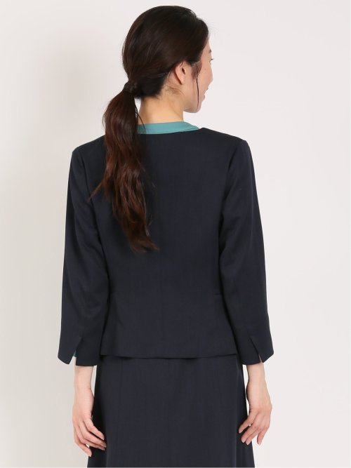 麻調合繊 キーネック7分袖ジャケット 紺(セットアップ可能)