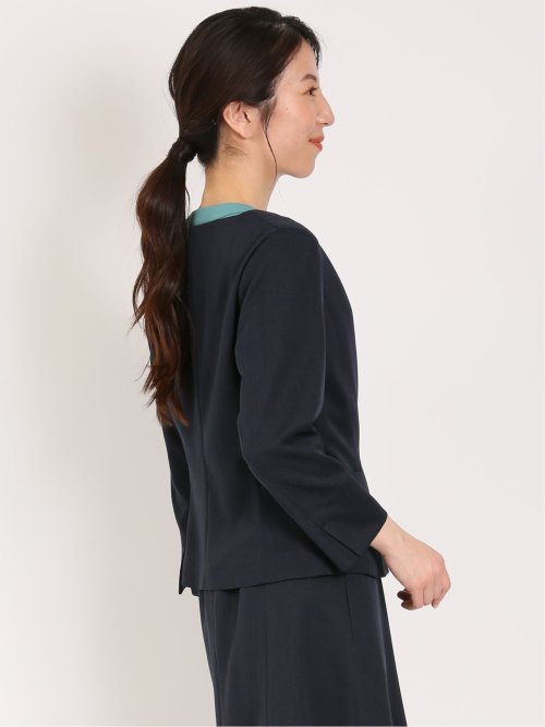 麻調合繊 キーネック7分袖ジャケット 紺(セットアップ可能)