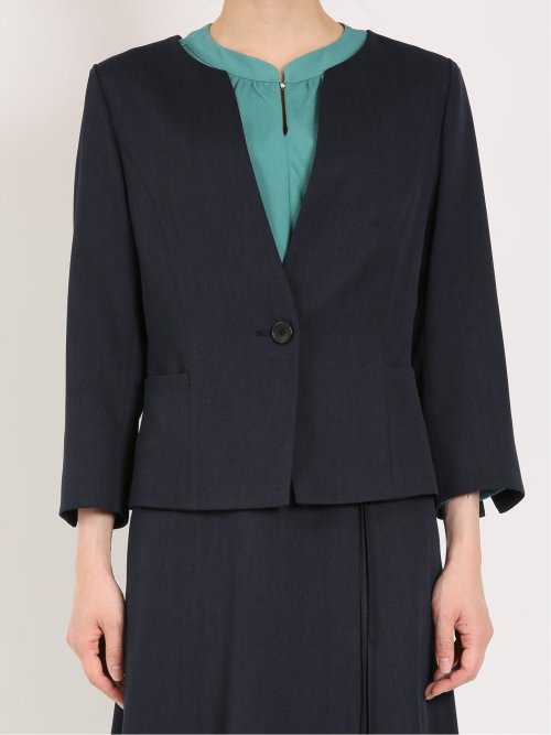 麻調合繊 キーネック7分袖ジャケット 紺(セットアップ可能)