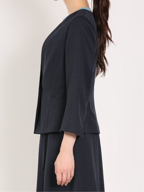 麻調合繊 キーネック7分袖ジャケット 紺(セットアップ可能)