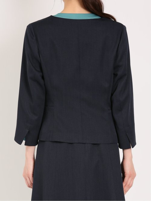 麻調合繊 キーネック7分袖ジャケット 紺(セットアップ可能)