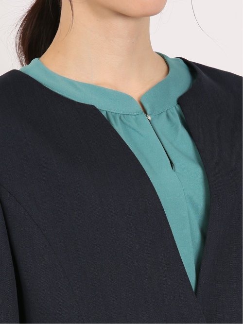 麻調合繊 キーネック7分袖ジャケット 紺(セットアップ可能)