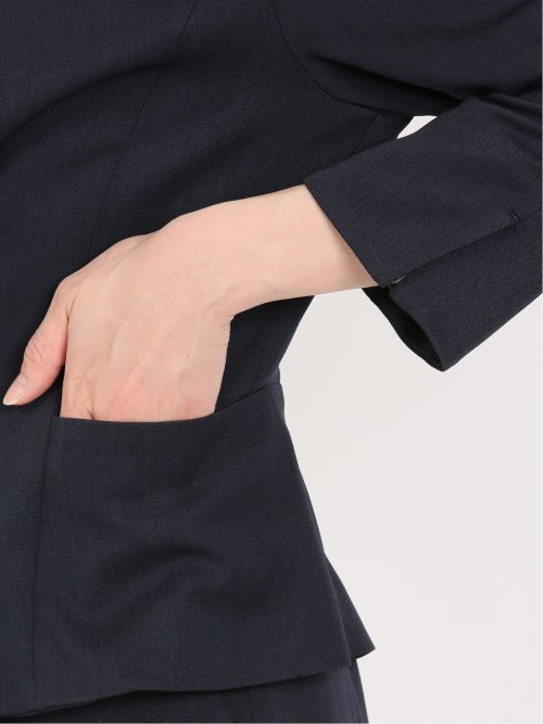 麻調合繊 キーネック7分袖ジャケット 紺(セットアップ可能)