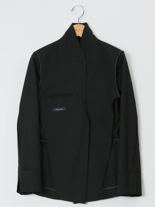 麻調合繊 1ボタンロングジャケット 黒(セットアップ可能)