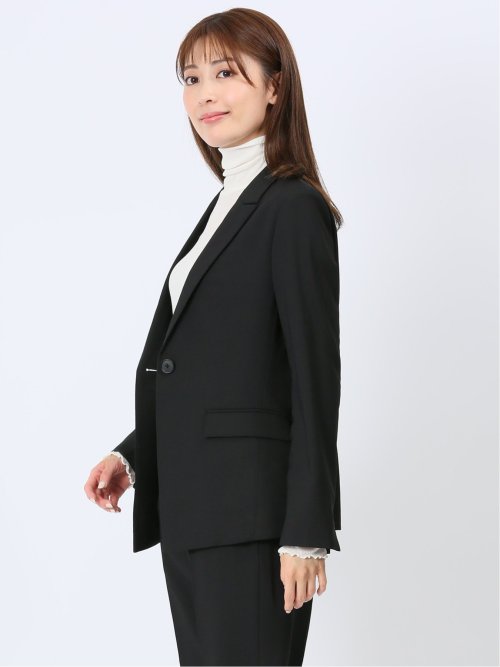 麻調合繊 1ボタンロングジャケット 黒(セットアップ可能)