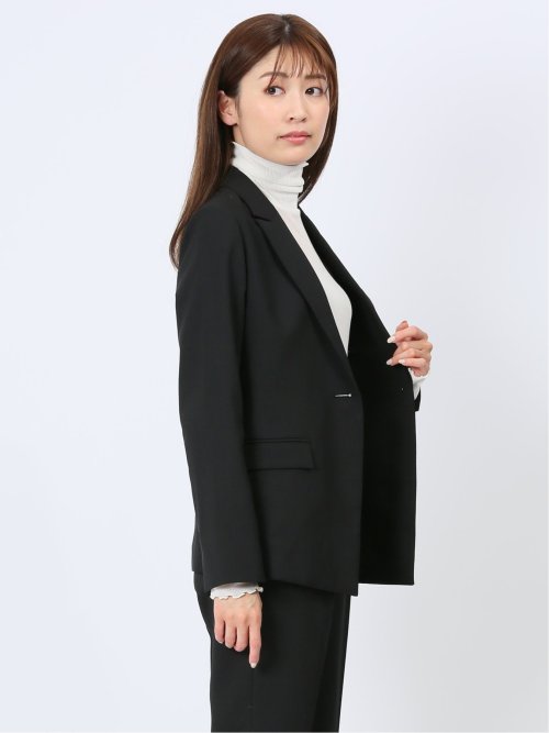 麻調合繊 1ボタンロングジャケット 黒(セットアップ可能)
