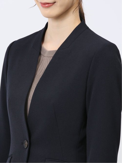 ストレッチウォッシャブル カラーレスジャケット 紺(セットアップ可能)