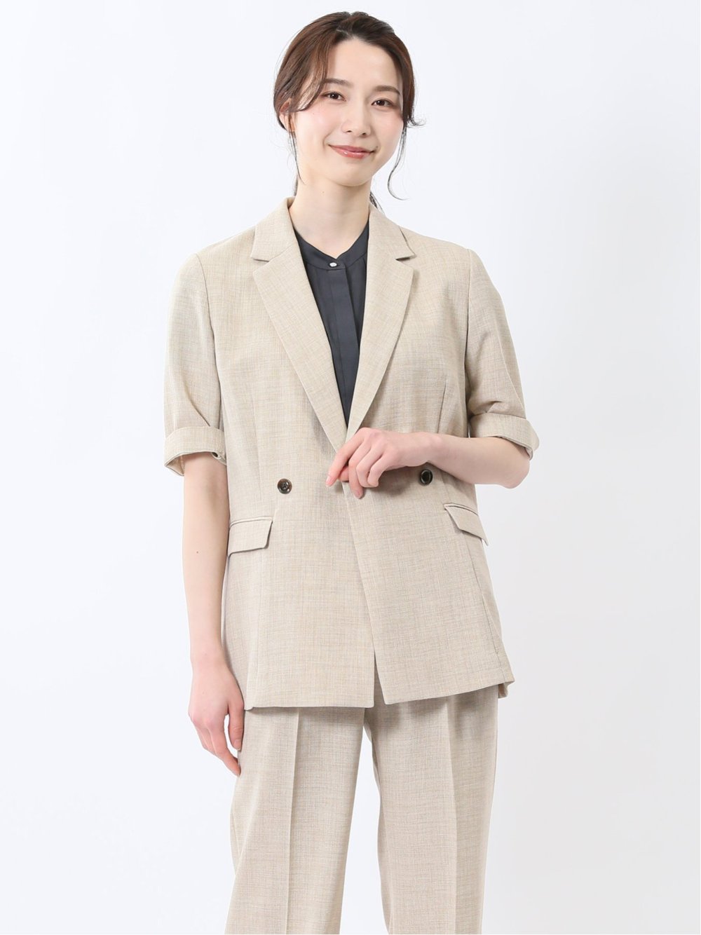 麻調合繊 半袖ダブルジャケット ベージュ(セットアップ可能)