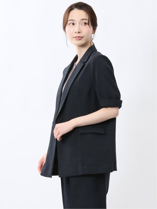 麻調合繊 半袖ダブルジャケット 紺(セットアップ可能)