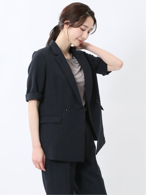 麻調合繊 半袖ダブルジャケット 紺(セットアップ可能)