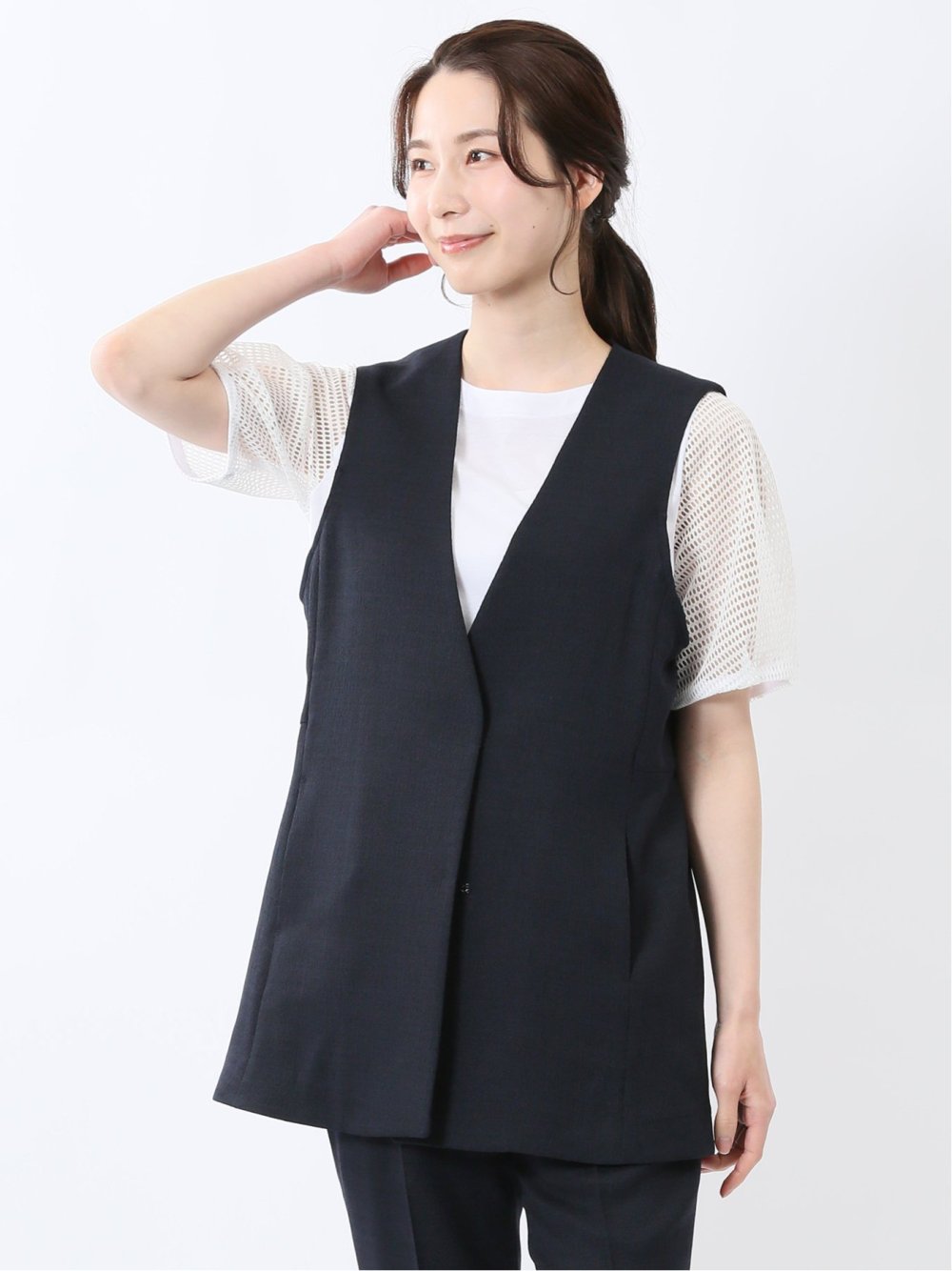 麻調合繊 ペプラム ジレ 紺(セットアップ可能)
