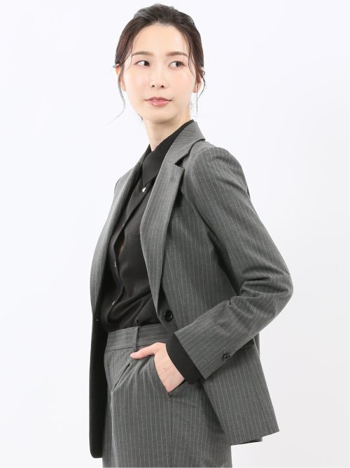 ストレッチウォッシャブル ピンスト リラクシング 1ボタンジャケット グレー(セットアップ可能)