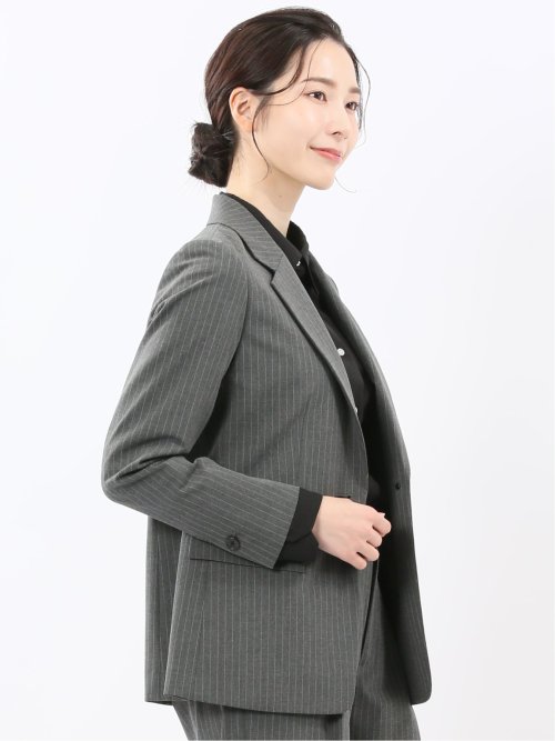 ストレッチウォッシャブル ピンスト リラクシング 1ボタンジャケット グレー(セットアップ可能)